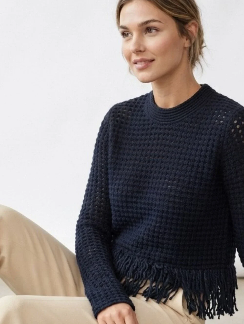 Zara Boho Chic Navy Blue Fringe Crop Textured Sweater Size M